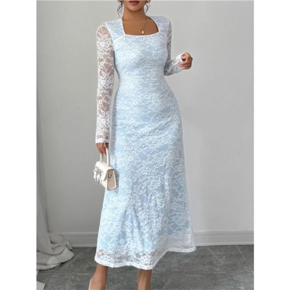 Lace Long Sleeve Square Neck Maxi Dress